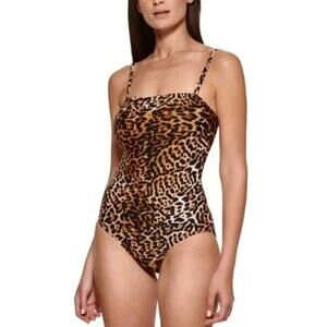 [Calvin Klein] Leopard Print Convertible Strapless Tummy Control Swimsuit Sz 10